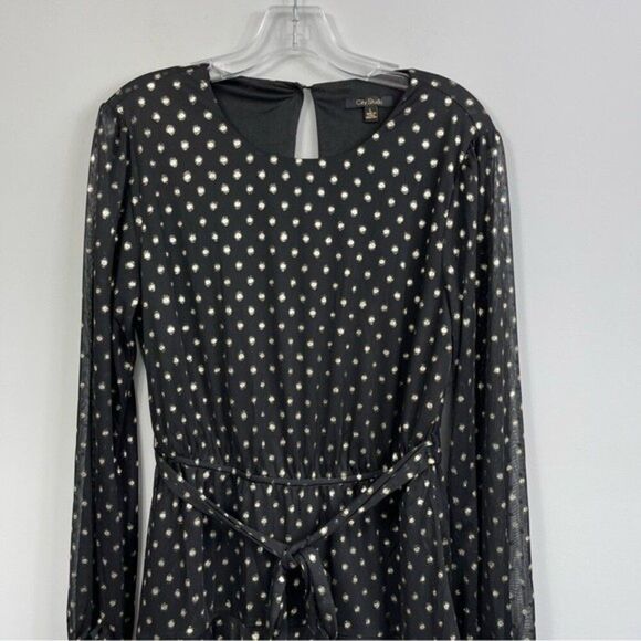 NWT City Studio Black & Metallic Gold Polka Dots Ruffled Fit & Flare Dress Black - Picture 11 of 16